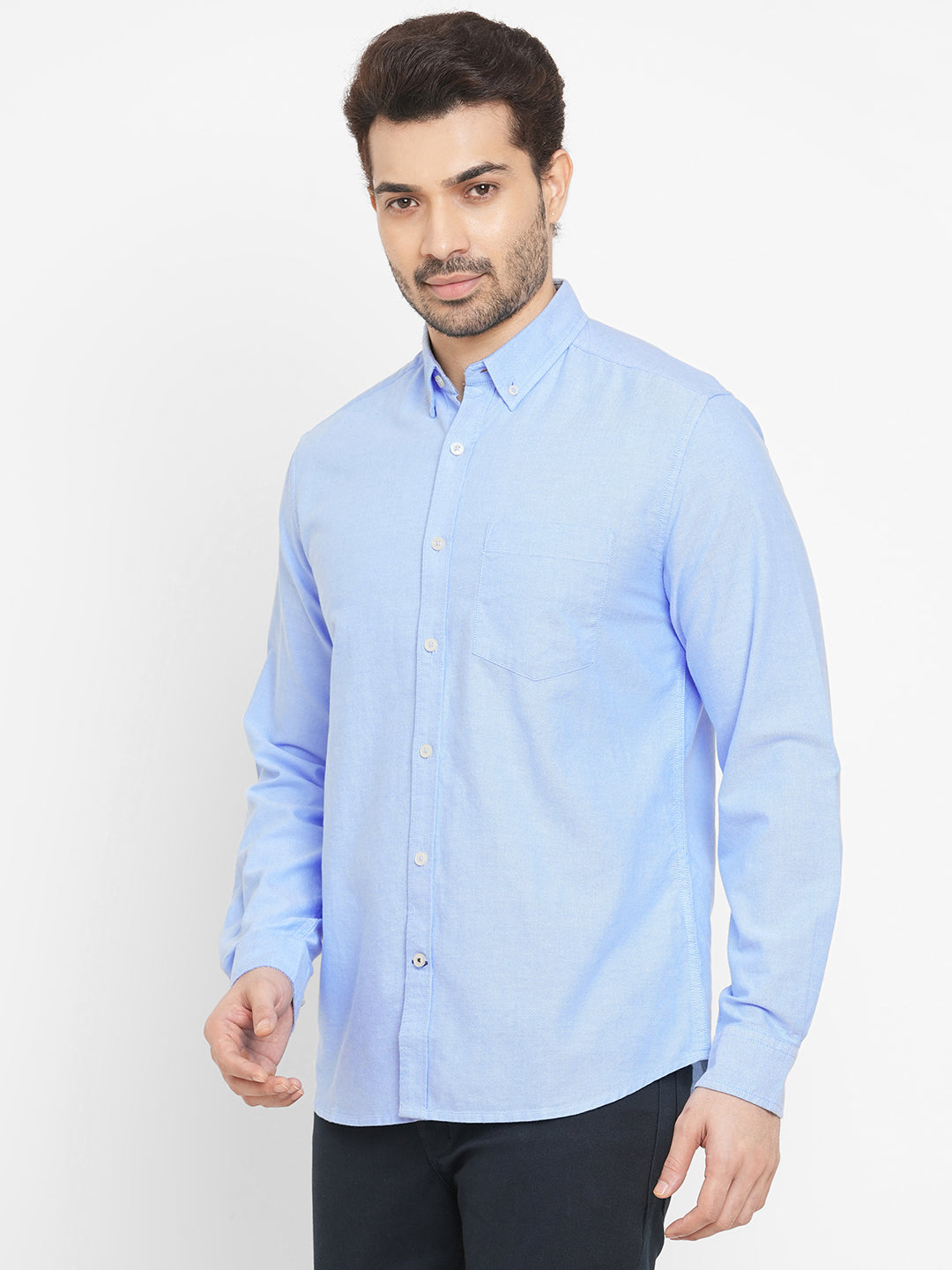Men's Oxford Cotton Button down Collar Long Sleeved Shirt - Blue