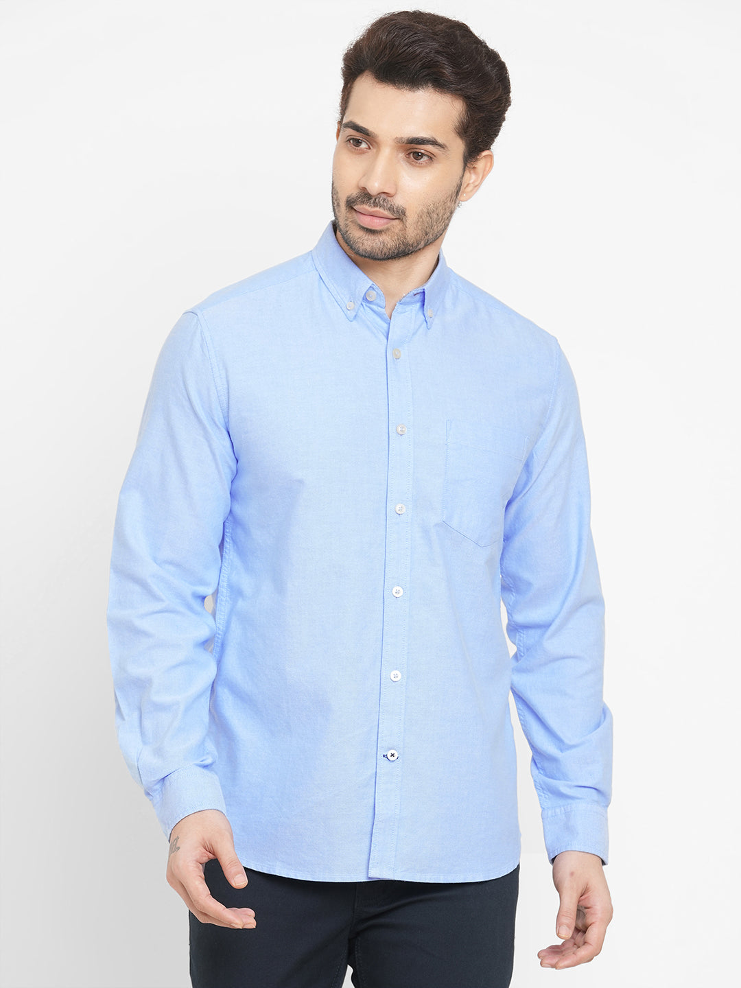 Men's Oxford Cotton Button down Collar Long Sleeved Shirt - Blue