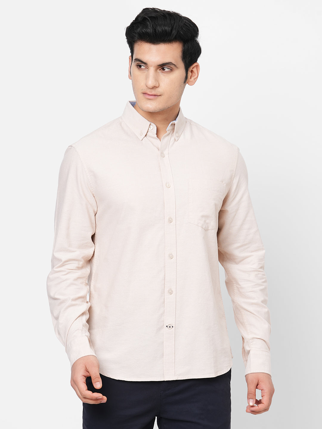 Men's Oxford Cotton Button down Collar Long Sleeved Shirt - Khaki