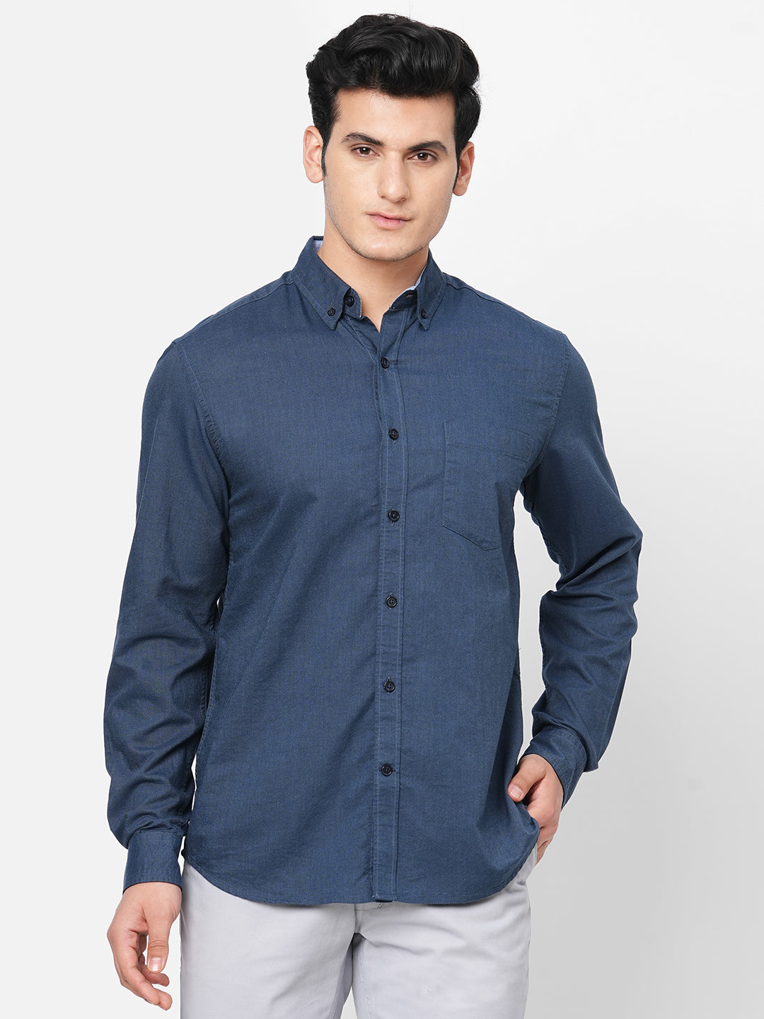 Men's Oxford Cotton Button down Collar Long Sleeved Shirt - Navy