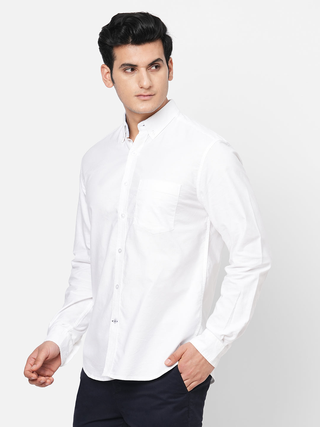 Men's Oxford Cotton Button down Collar Long Sleeved Shirt - White