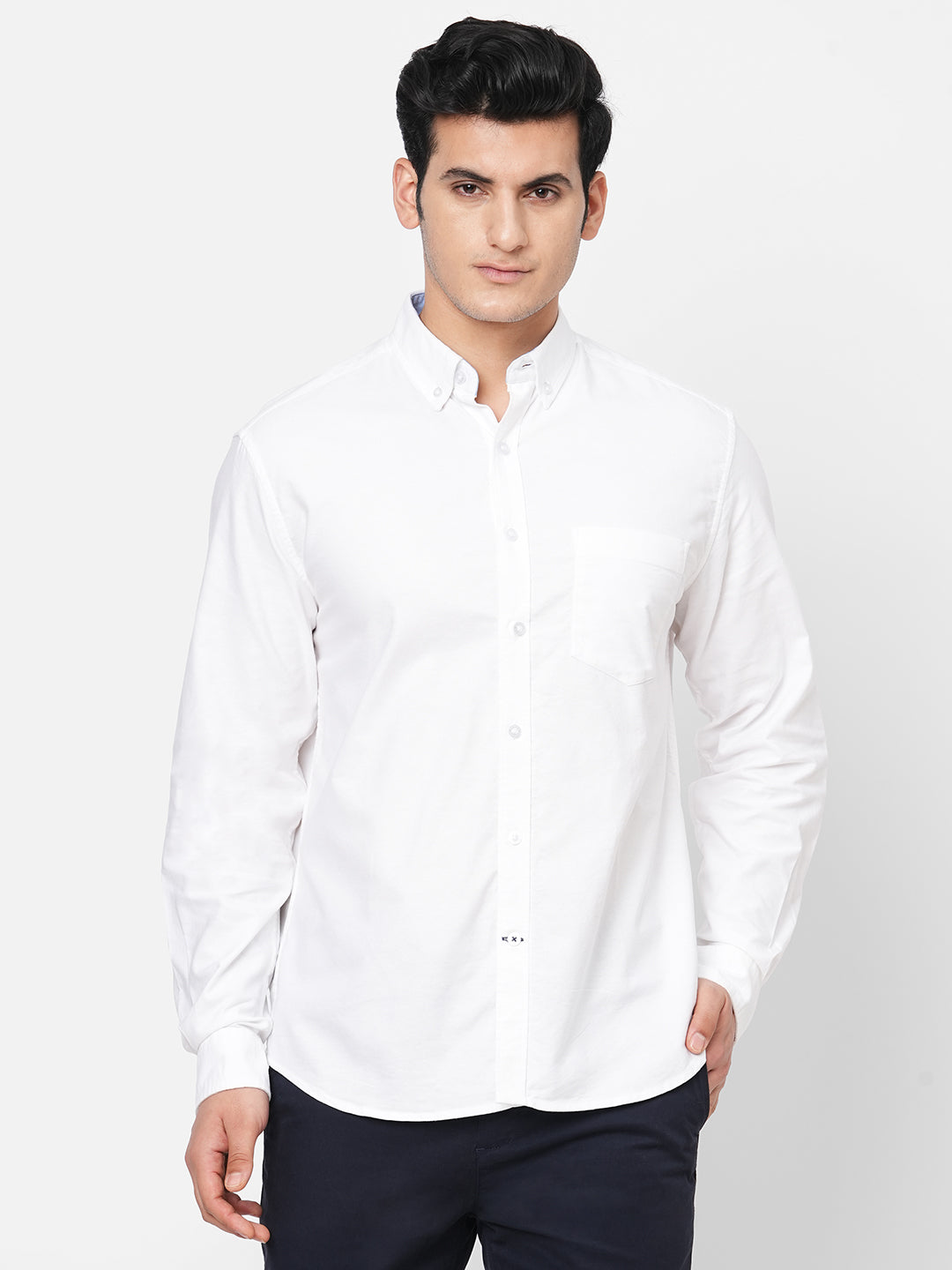 Men's Oxford Cotton Button down Collar Long Sleeved Shirt - White