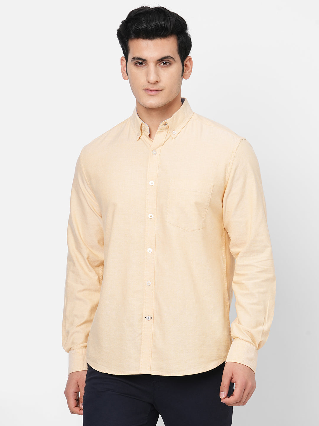 Men's Oxford Cotton Button down Collar Long Sleeved Shirt -Yellow