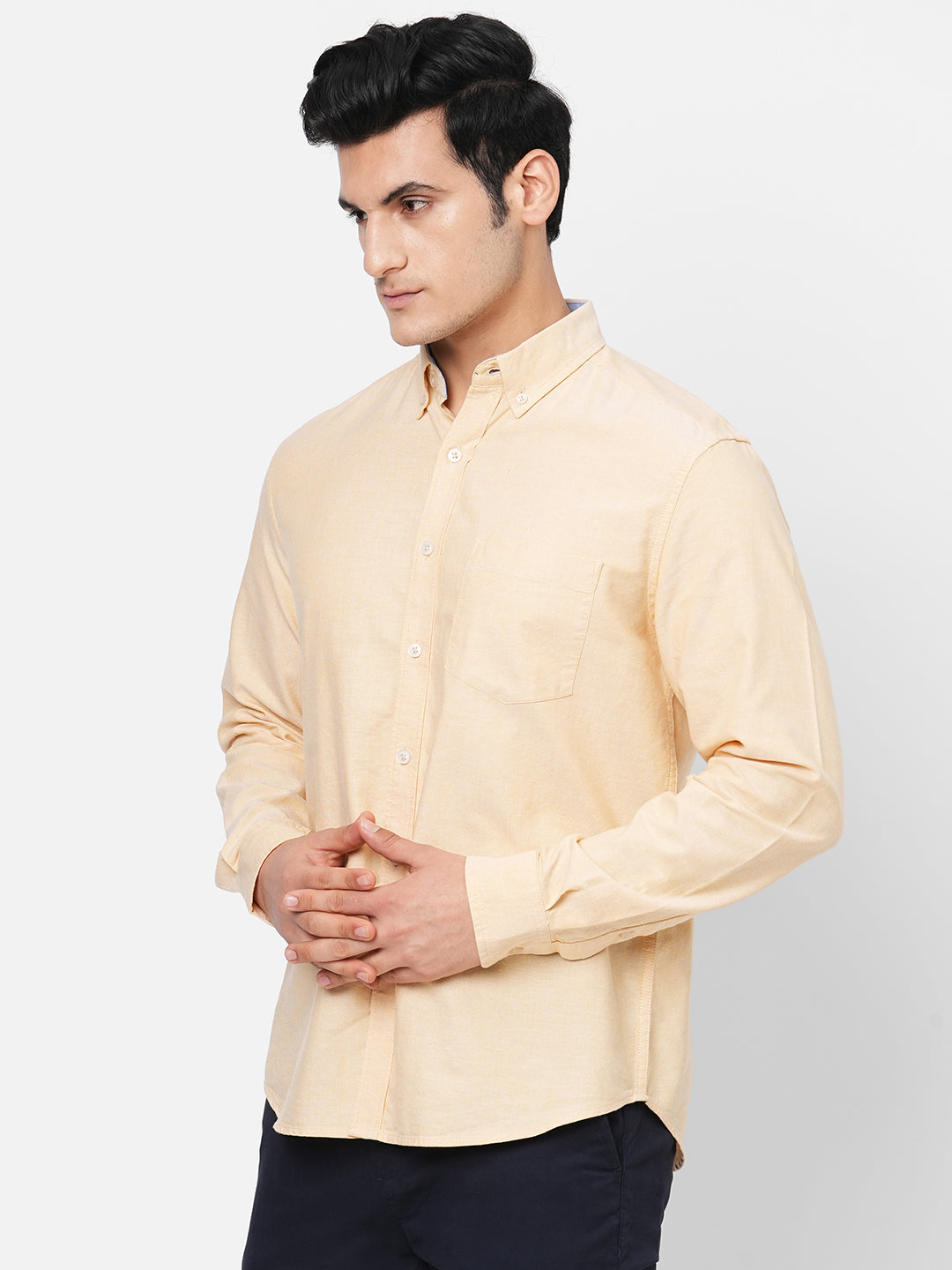 Men's Oxford Cotton Button down Collar Long Sleeved Shirt -Yellow