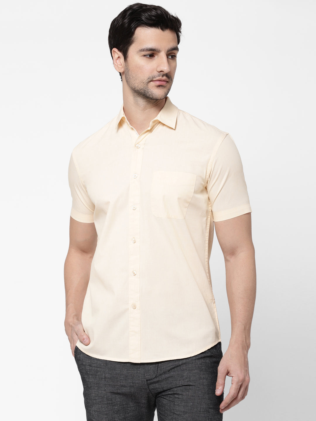 Mens Yellow Cotton Regular Fit Shirt