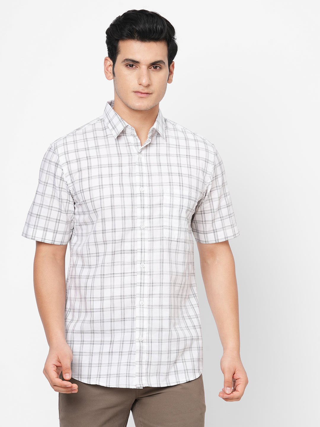 Men's White Cotton Regular Fit Checked Shirt