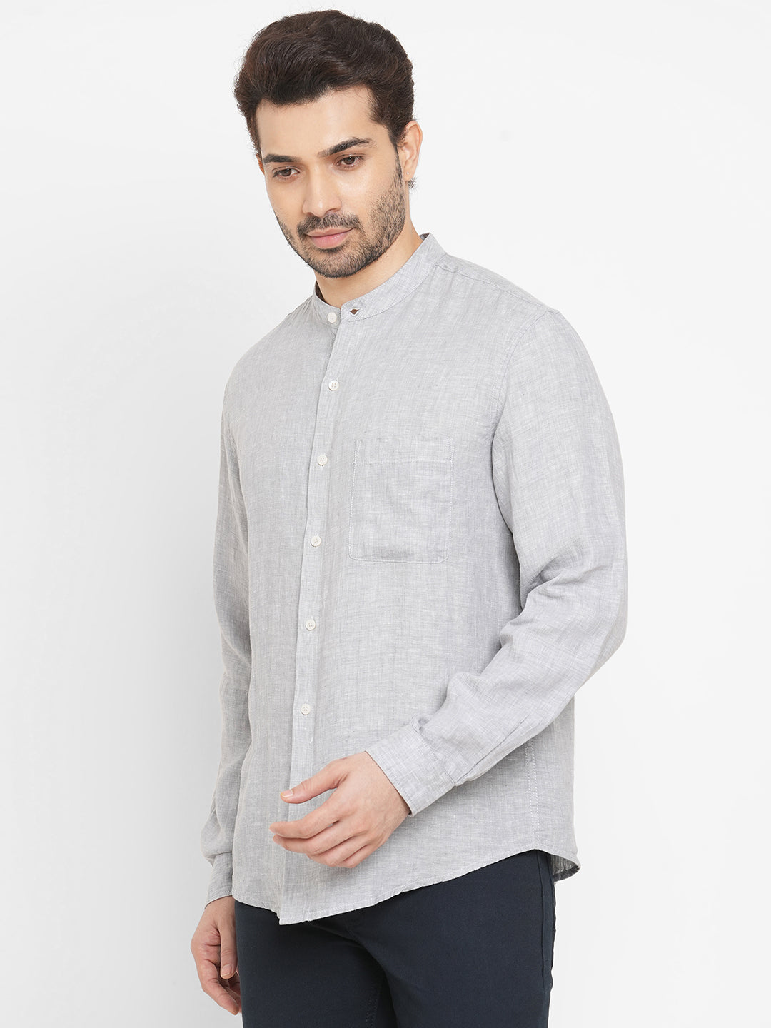Men's 100% Linen Grey Band Collar Regular Fit Long Sleeve Shirt