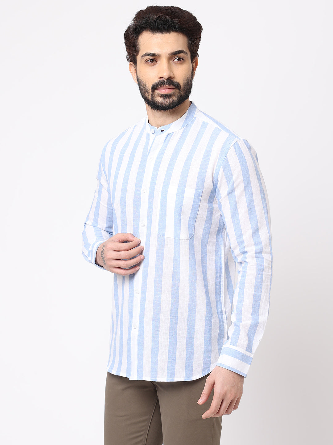 Men's Linen Cotton Blue Regular Fit Kurta Shirt