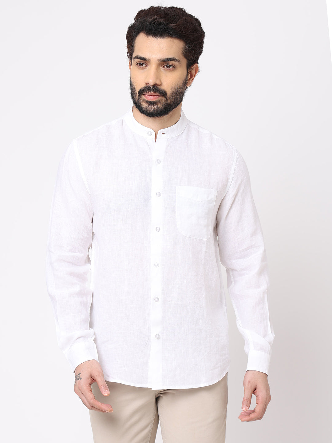 Men's 100% Linen White Band Collar Shirt Regular Fit Long Sleeve