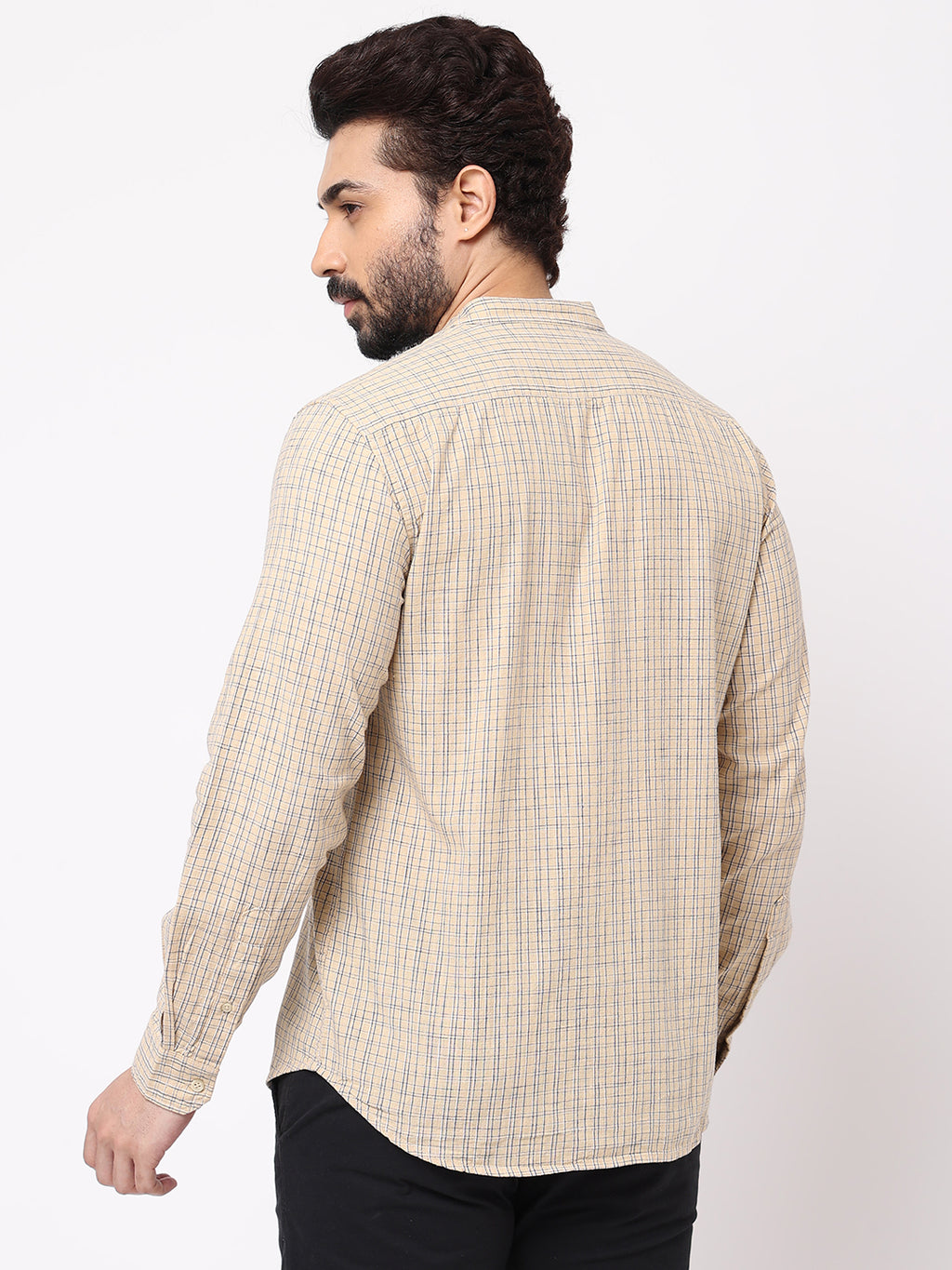 Men's Sand Cotton Regular Fit Checked Kurta Shirt