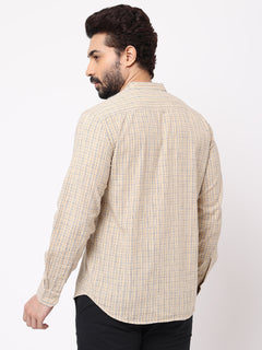 Men's Sand Cotton Regular Fit Checked Kurta Shirt