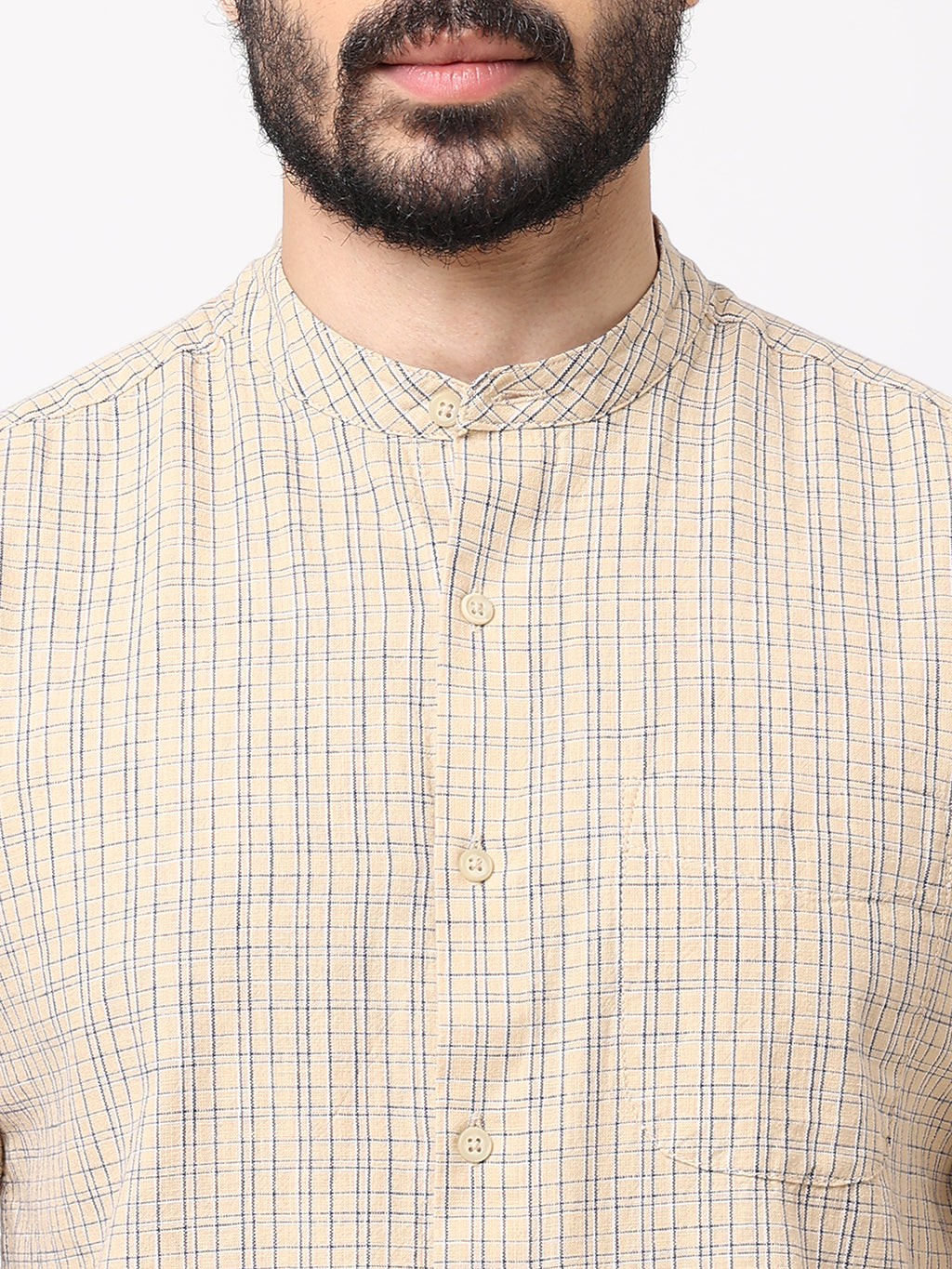 Men's Sand Cotton Regular Fit Checked Kurta Shirt