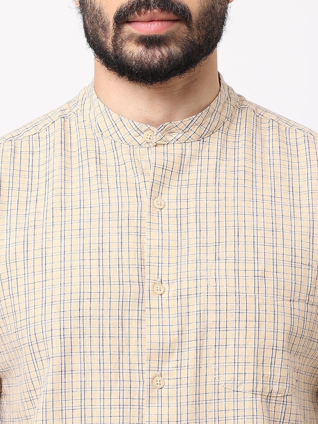 Men's Sand Cotton Regular Fit Checked Kurta Shirt
