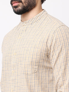 Men's Sand Cotton Regular Fit Checked Kurta Shirt