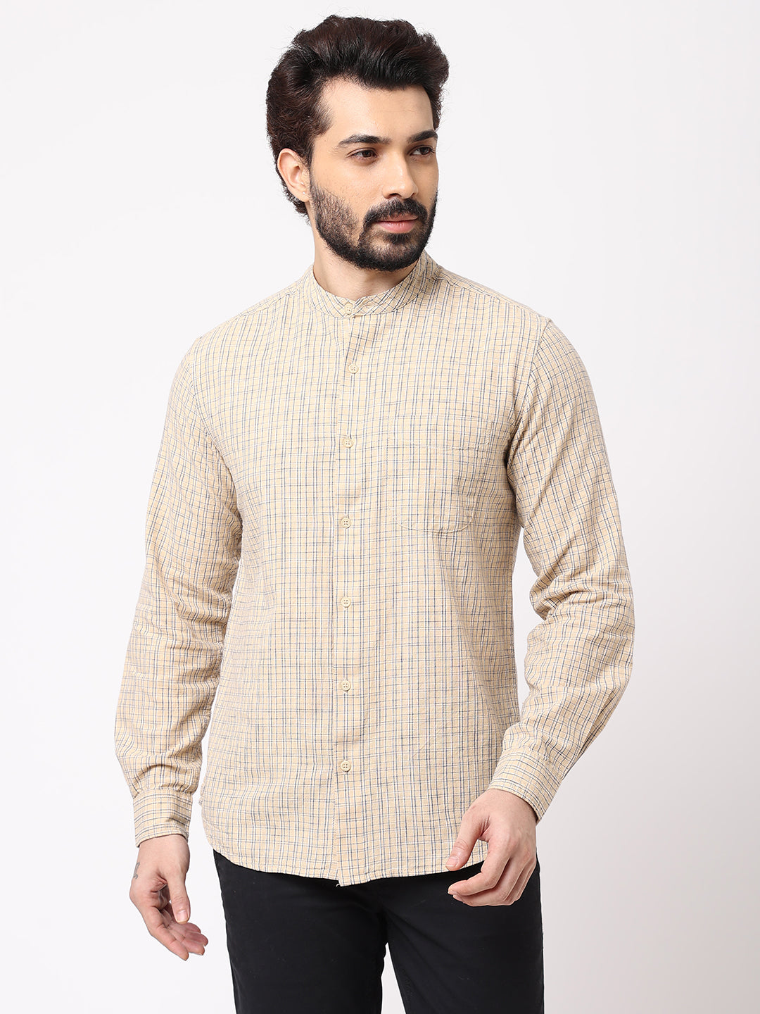 Men's Sand Cotton Regular Fit Checked Kurta Shirt