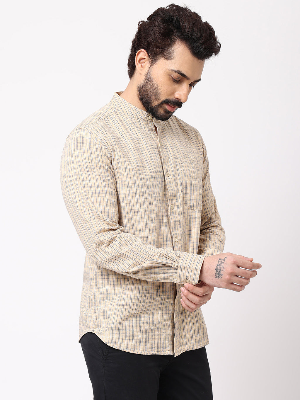 Men's Sand Cotton Regular Fit Checked Kurta Shirt