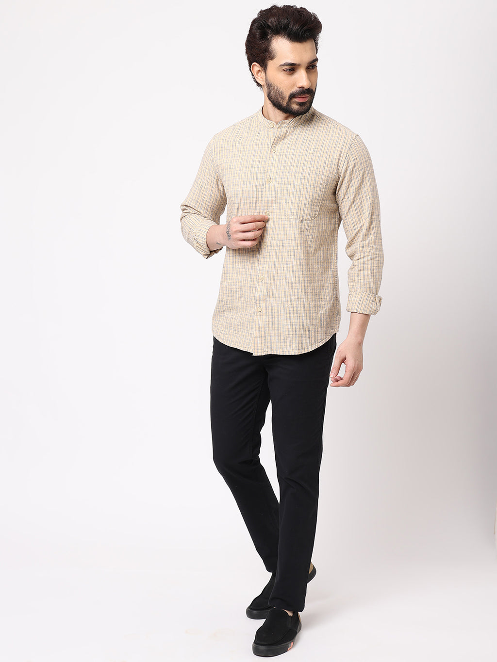 Men's Sand Cotton Regular Fit Checked Kurta Shirt
