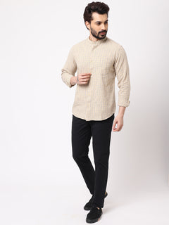 Men's Sand Cotton Regular Fit Checked Kurta Shirt