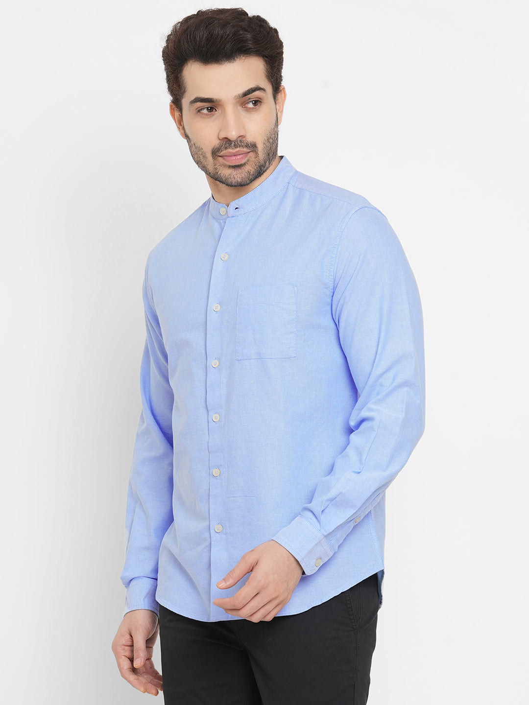 Mens Oxford Cotton Band Collar Long Sleeved Shirt - Blue