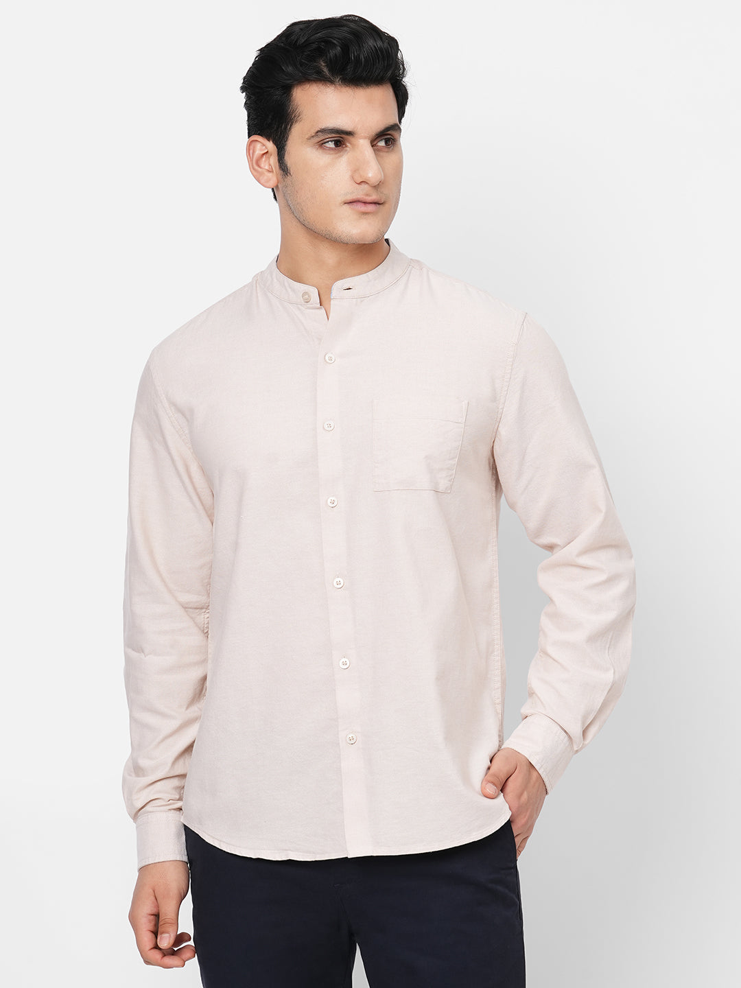 Men's Khaki Oxford Cotton Band Collar Long Sleeved Shirt