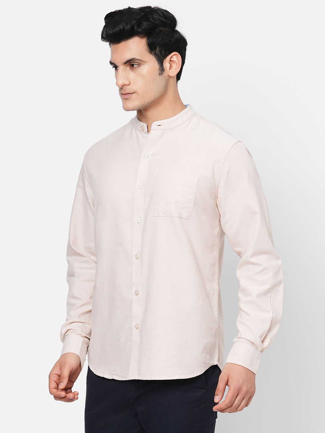 Men's Khaki Oxford Cotton Band Collar Long Sleeved Shirt