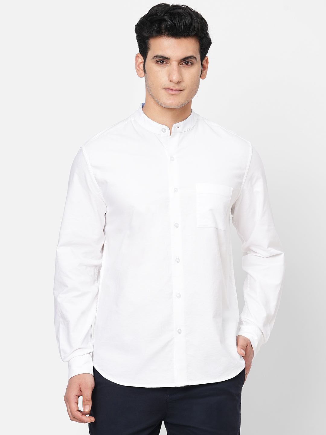 Men's Oxford Cotton Band Collar Long Sleeved Shirt - White