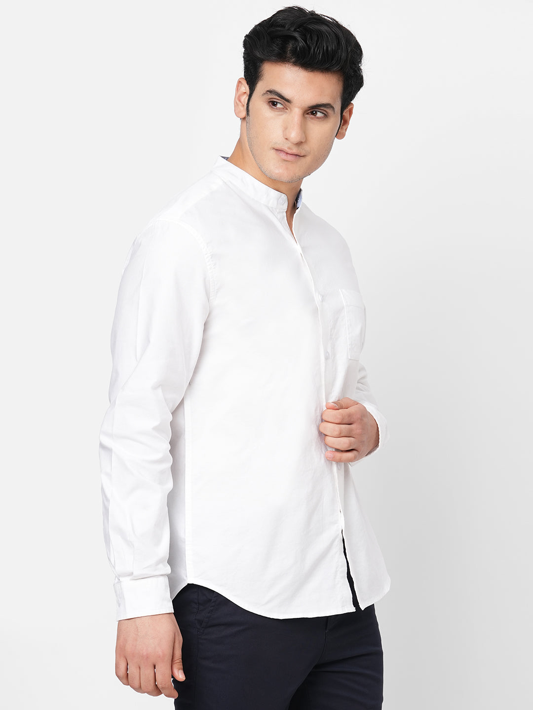 Men's Oxford Cotton Band Collar Long Sleeved Shirt - White