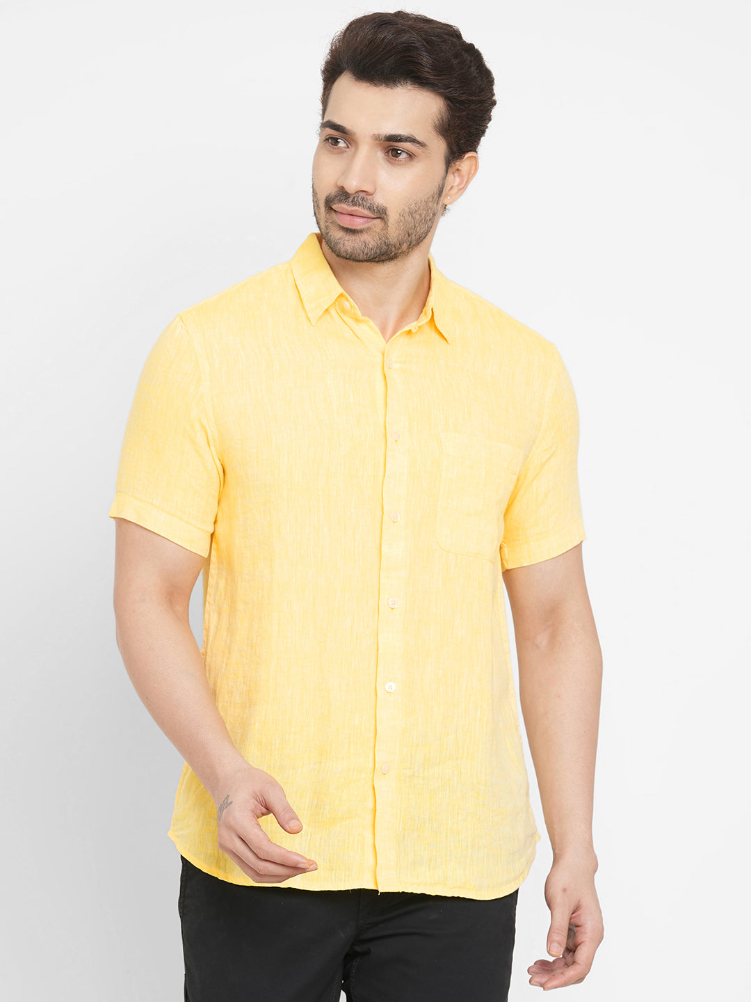 Men's Yellow 100% Linen Short Sleeved Regular Fit Shirt