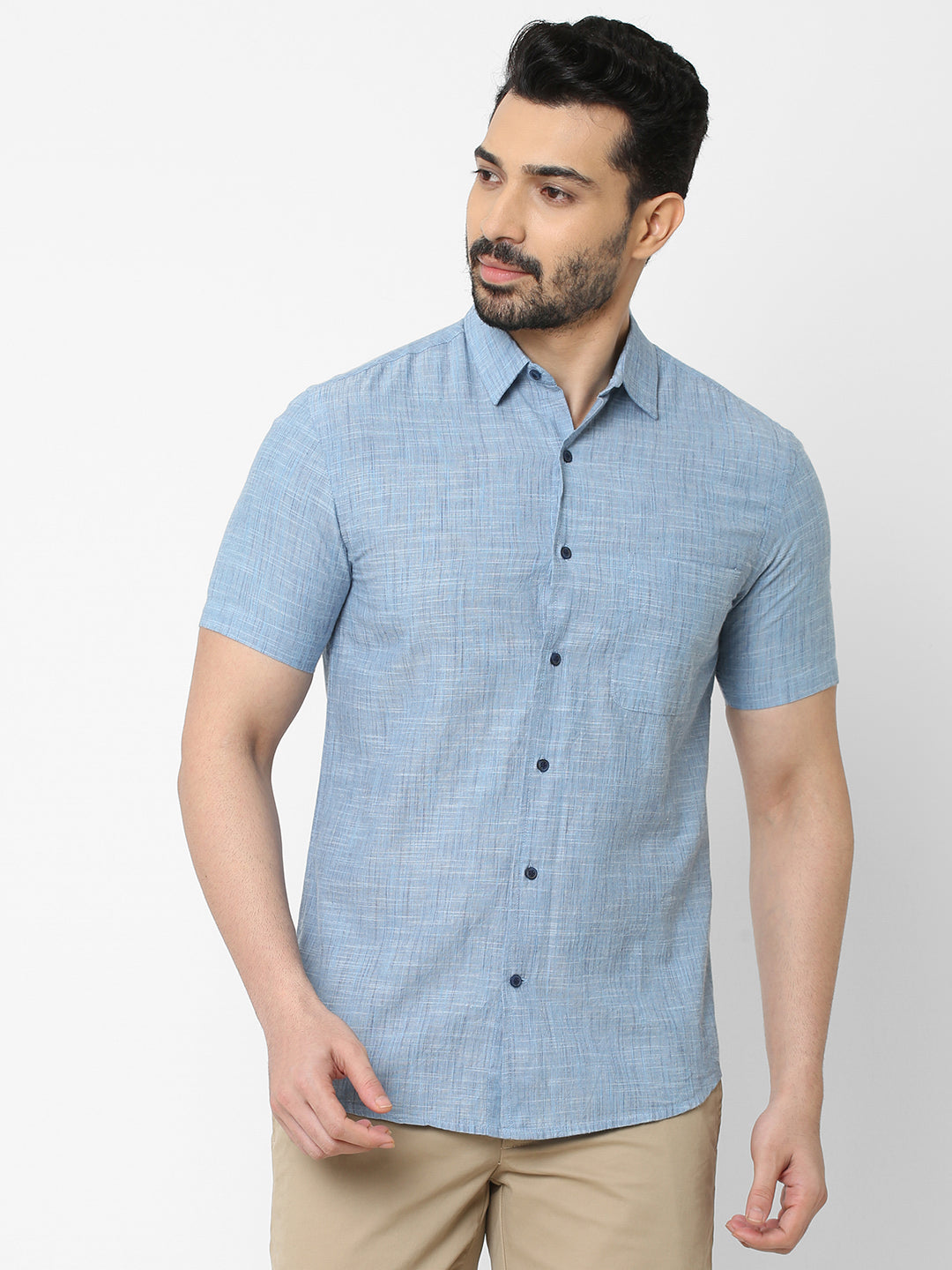 Men's Cotton Slub Blue Regular Fit Short Sleeve Shirt