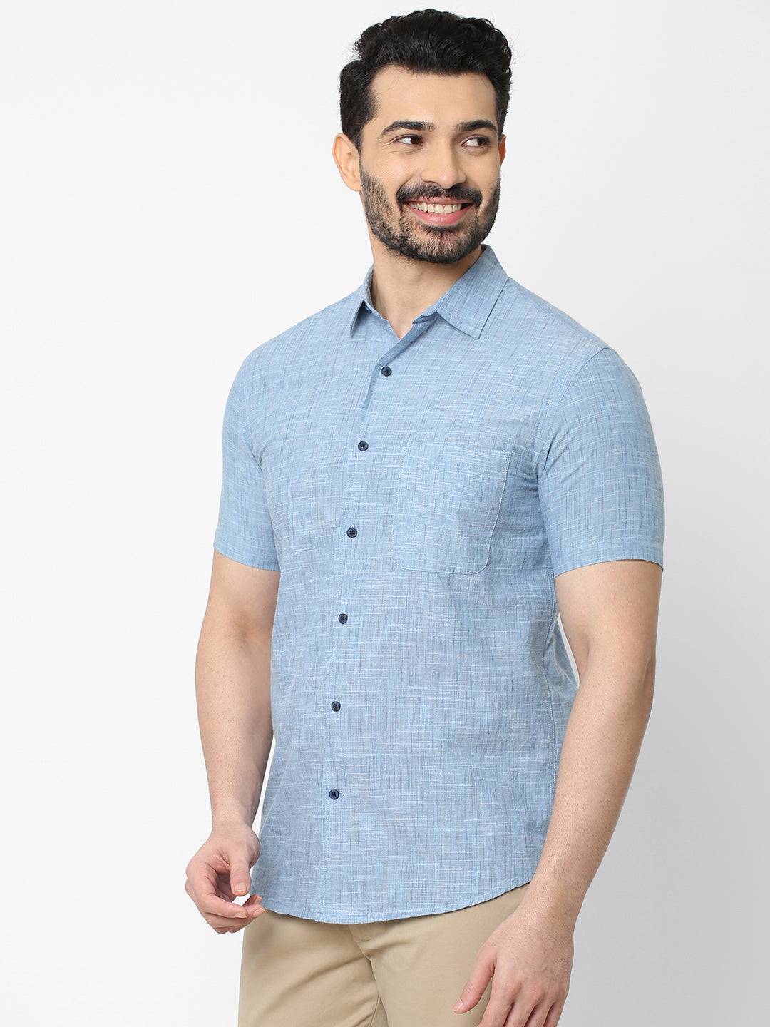 Men's Cotton Slub Blue Regular Fit Short Sleeve Shirt