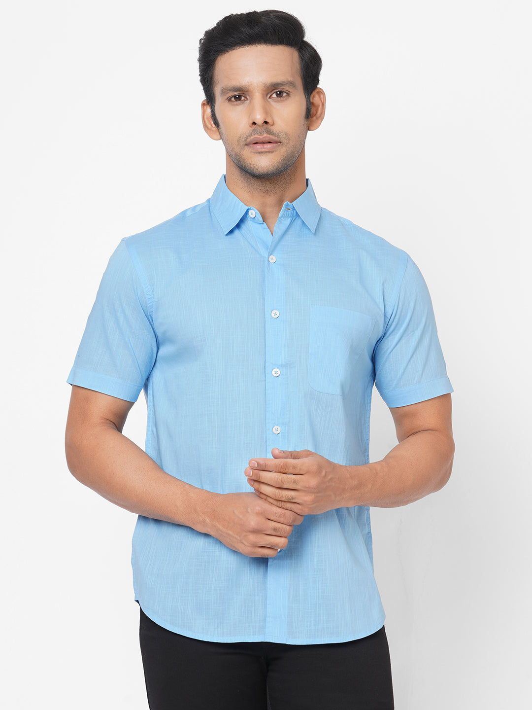 Mens 100% Cotton Sky Blue Regular Fit Short Sleeved Shirt