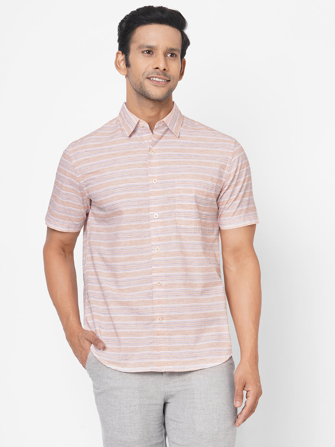 Mens Cotton Peach Regular Fit Short Sleeve Shirt