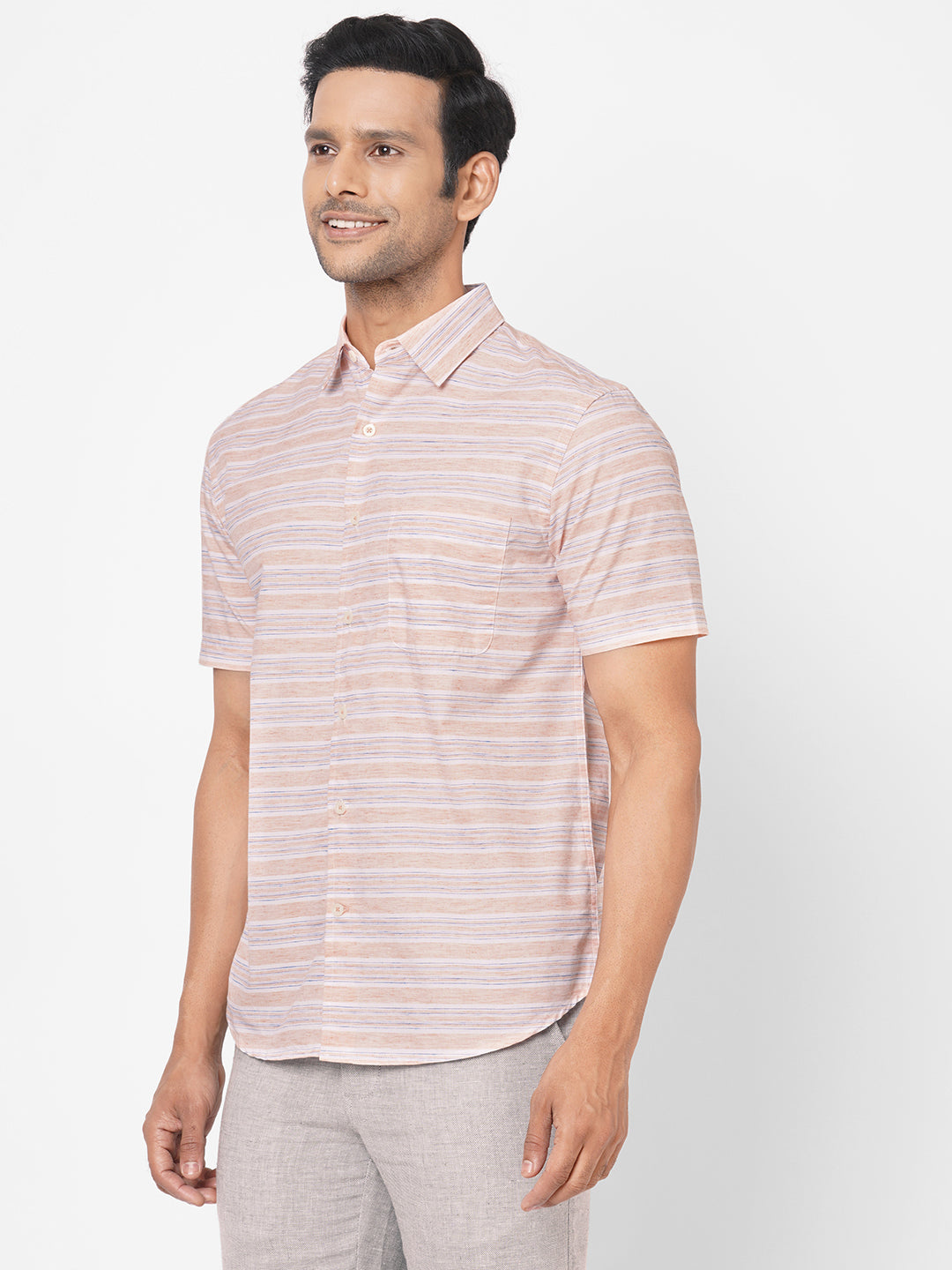 Mens Cotton Peach Regular Fit Short Sleeve Shirt