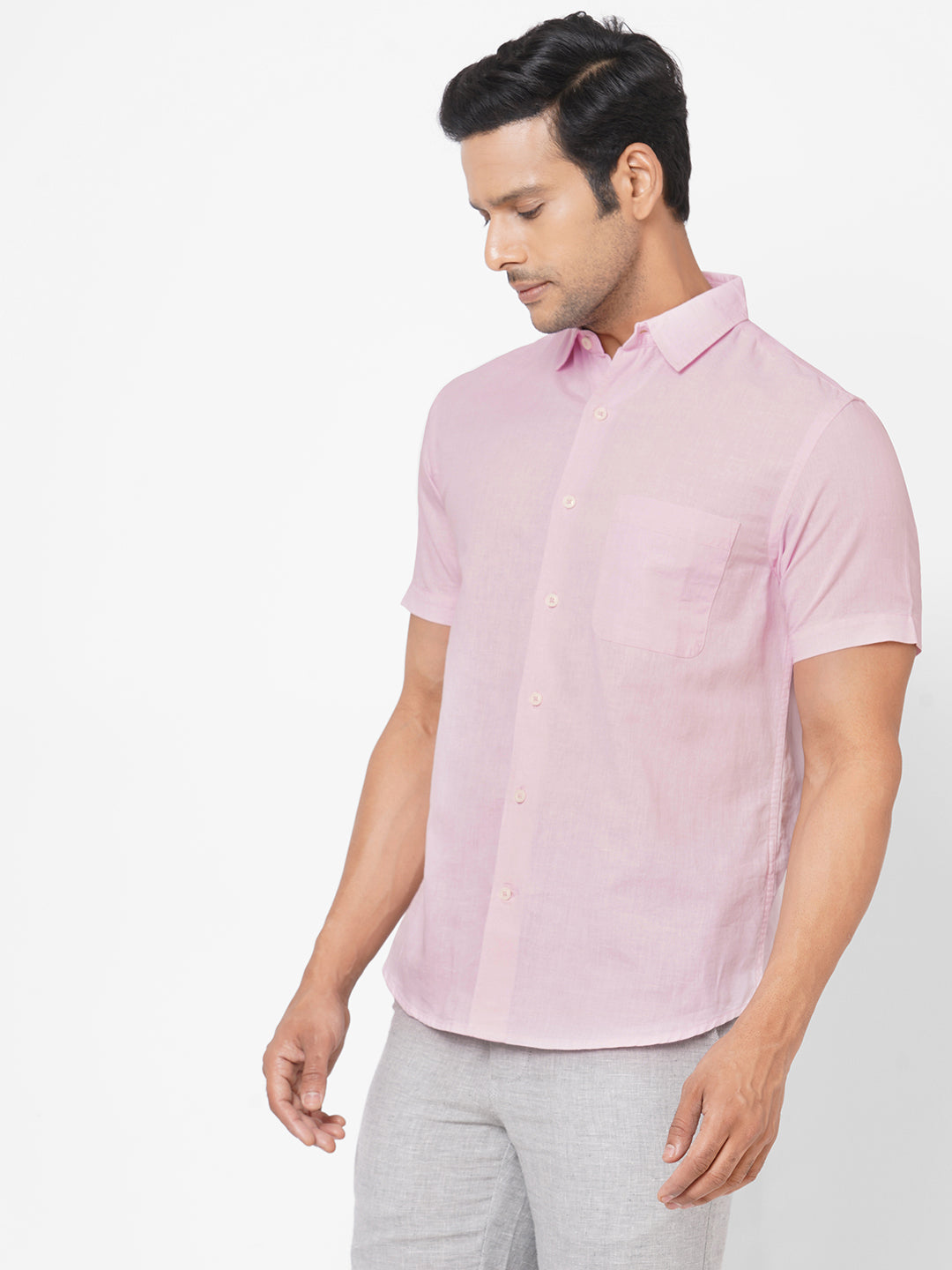 Mens Linen Cotton Pink Regular Fit Short Sleeve Shirt