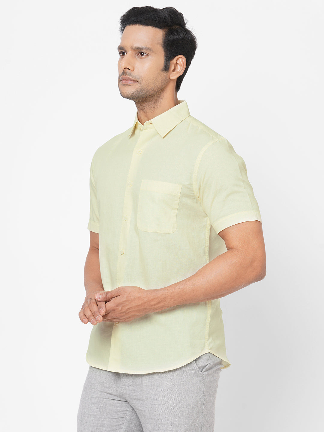Mens Linen Cotton Yellow Regular Fit Short Sleeve  Shirt