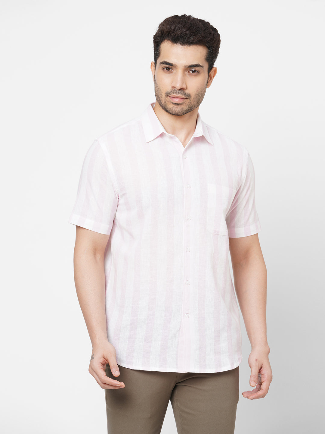 Men's Pink Linen Cotton Regular Fit Striped Shirt
