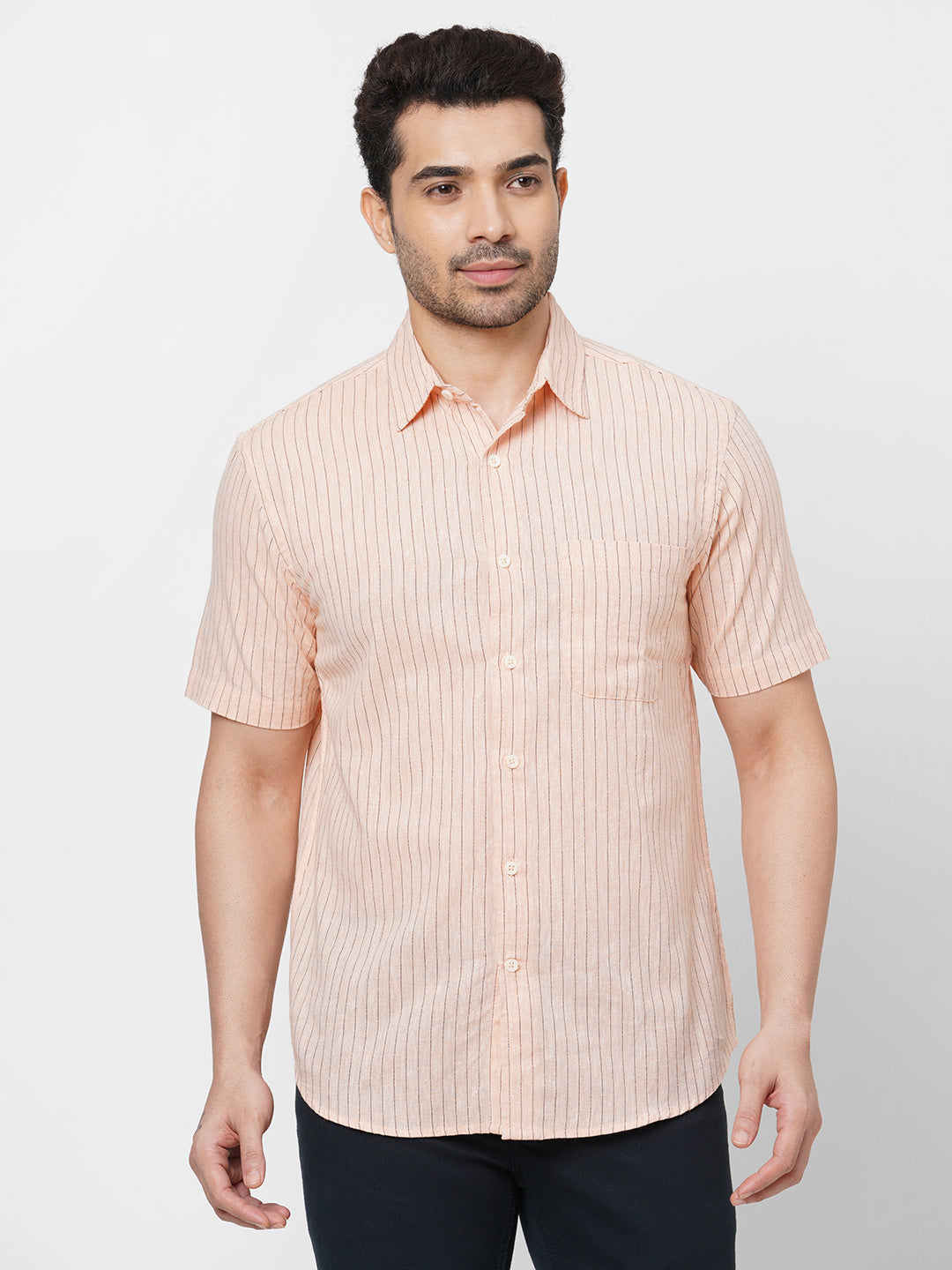 Mens Linen Cotton Orange Regular Fit Shirt