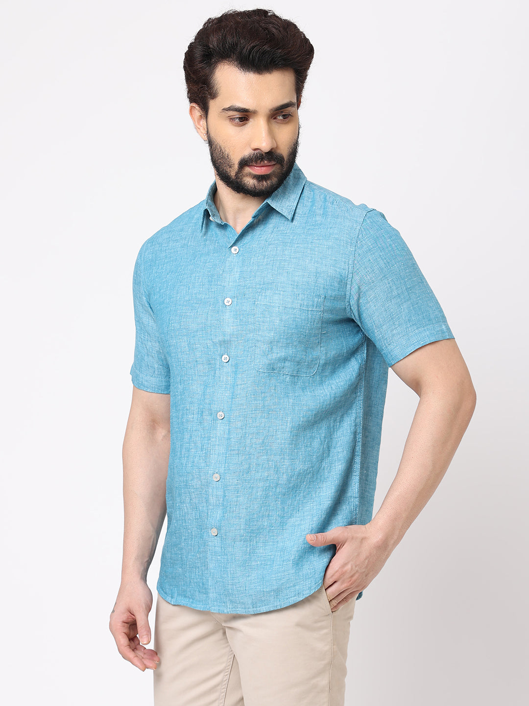 Mens 100% Linen Short Sleeve Blue Regular Fit Shirt