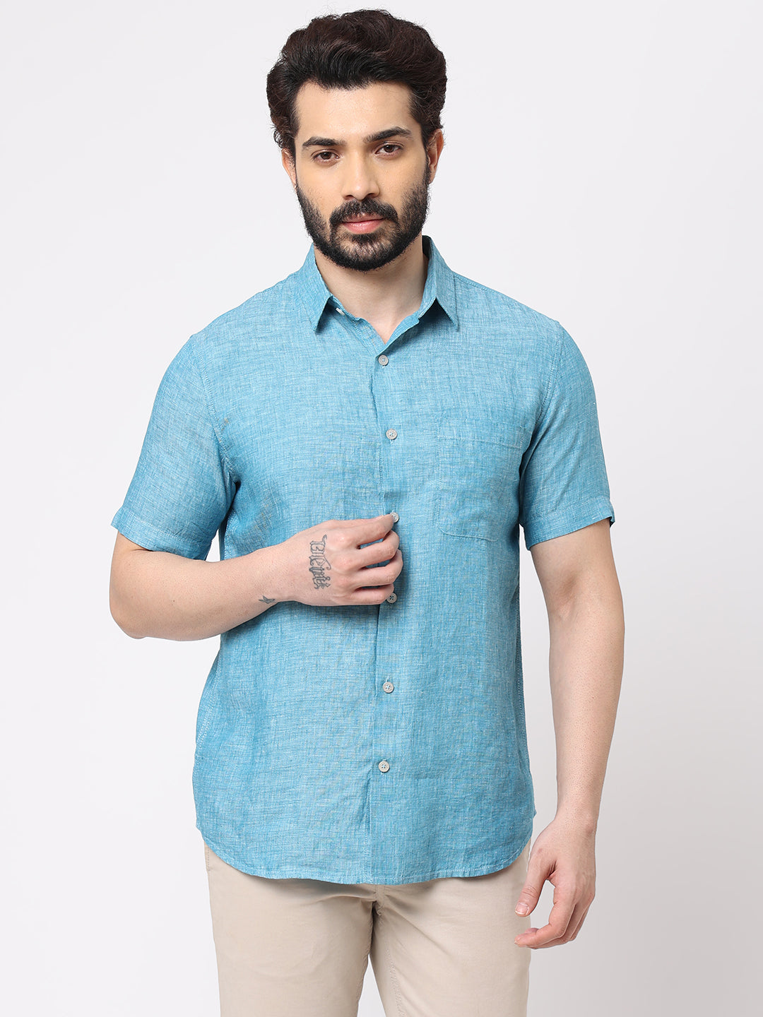 Mens 100% Linen Short Sleeve Blue Regular Fit Shirt