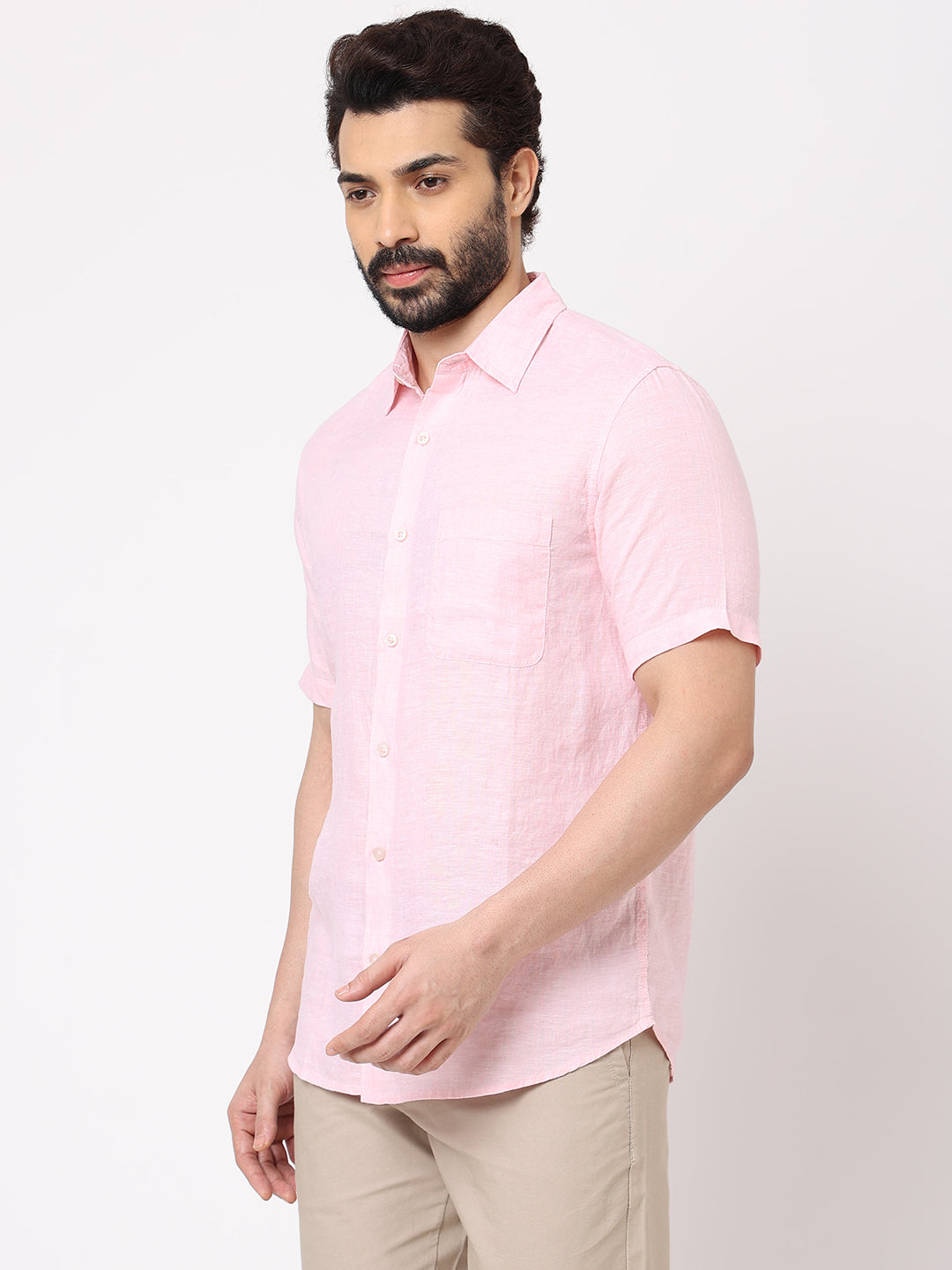Mens 100% Linen Short Sleeve Light Pink Regular Fit Shirt
