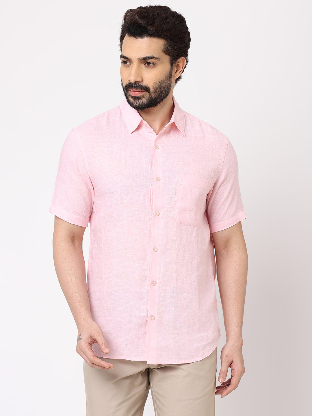 Mens 100% Linen Short Sleeve Light Pink Regular Fit Shirt