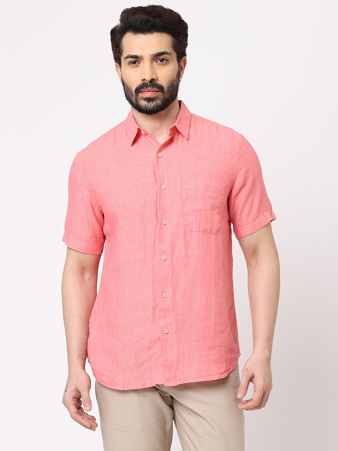 Mens 100% Linen Short Sleeve Pink Regular Fit Shirt
