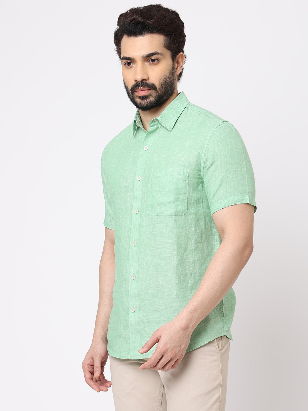 Mens 100% Linen Short Sleeved Light Green Regular Fit Shirt