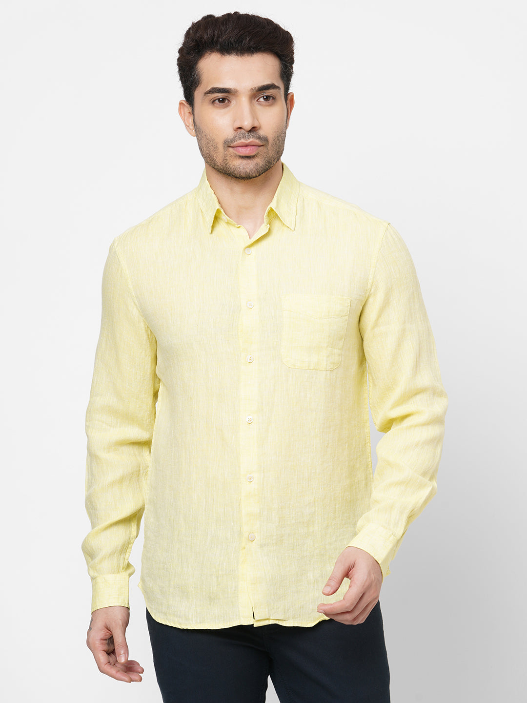 Mens 100% Linen Lemon Yellow Regular Fit Long Sleeved Shirt