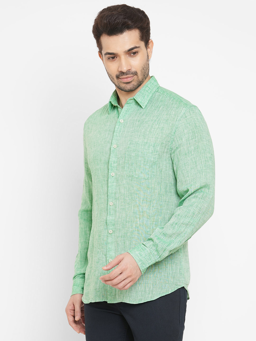 Men's 100% Linen Green Long Sleeve Regular Fit Shirt