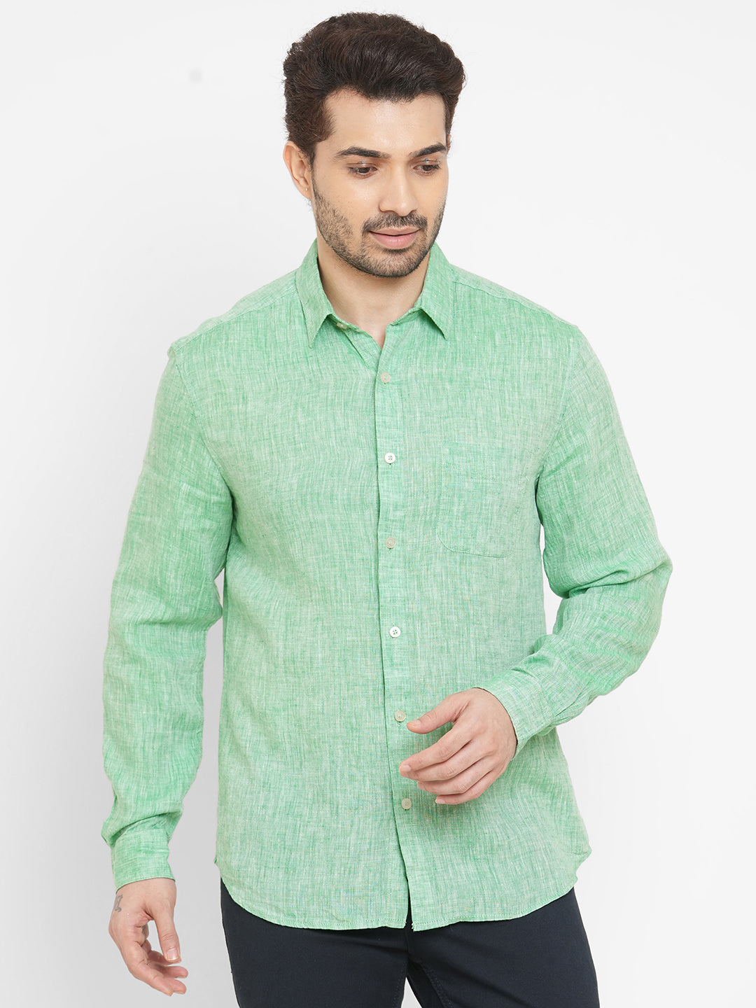 Men's Green 100% Linen Long Sleeve Regular Fit Shirt