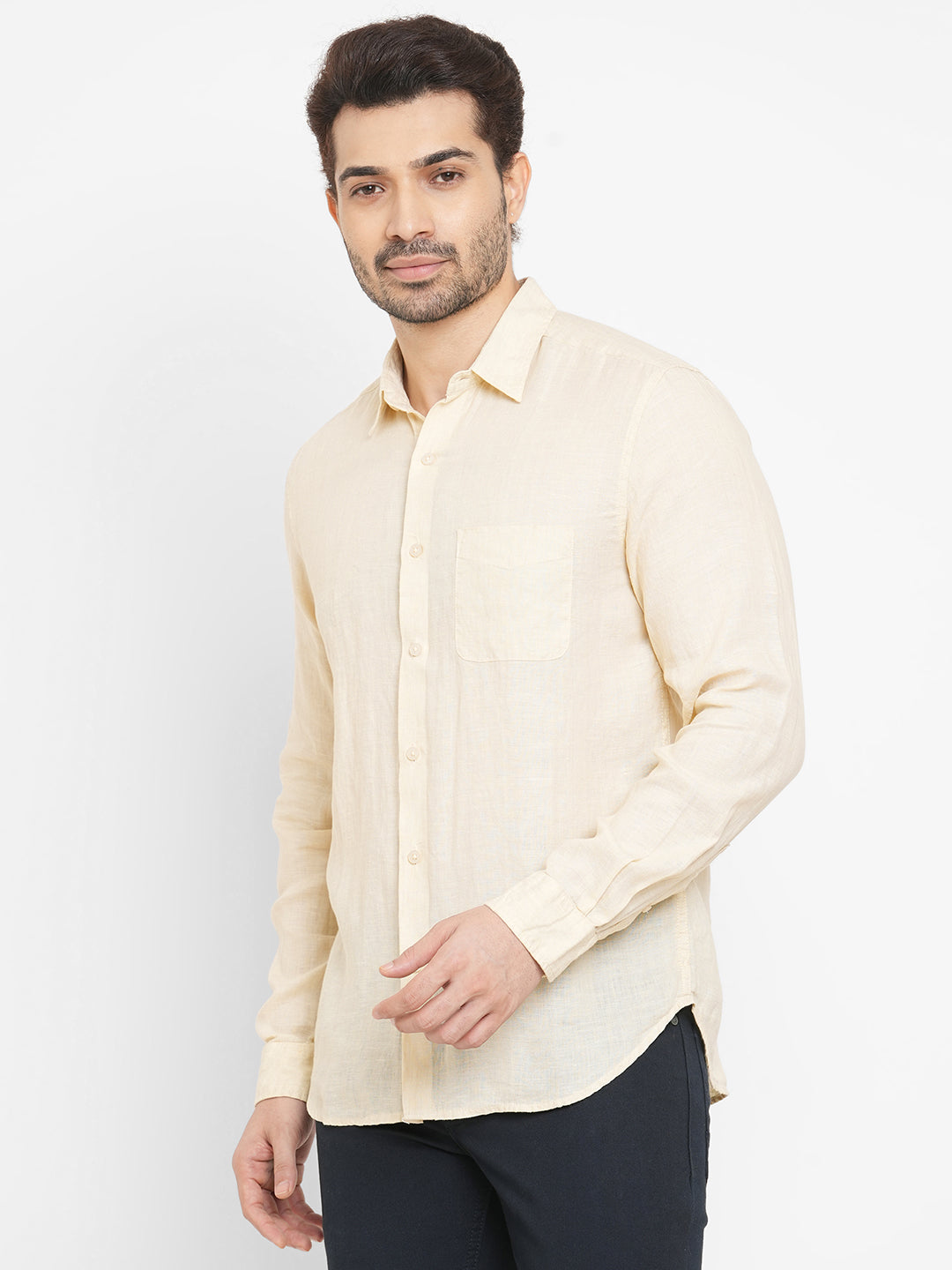 Men's Natural 100% Linen Regular Fit Long Sleeved Shirt