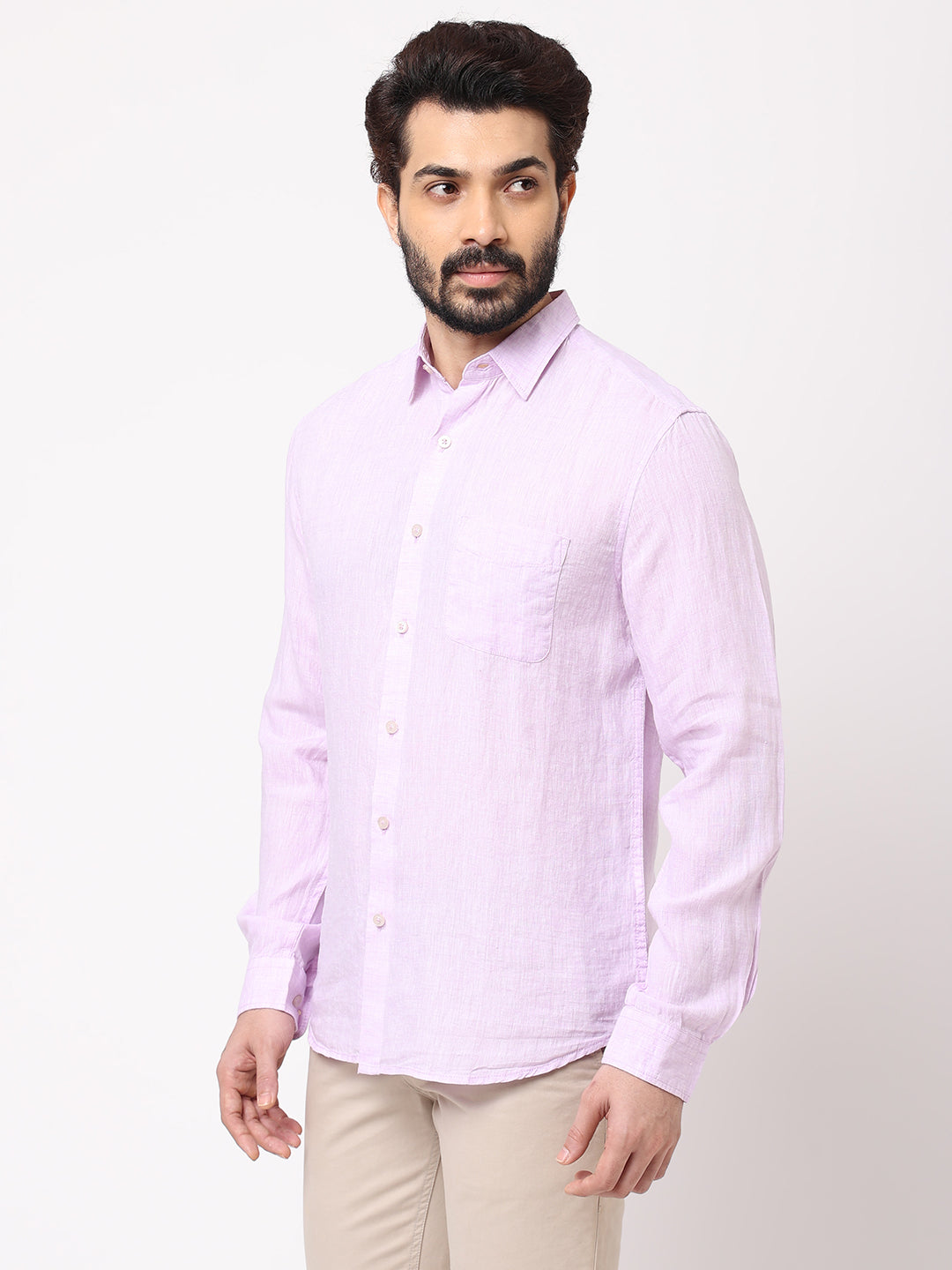 Mens 100% Linen Long Sleeve Lilac Regular Fit Shirt