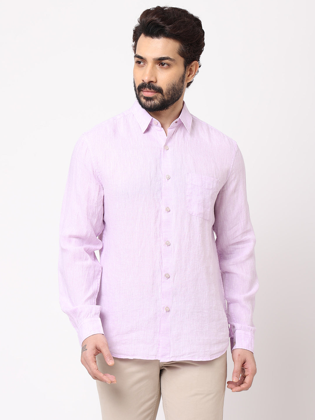 Mens 100% Linen Long Sleeve Lilac Regular Fit Shirt
