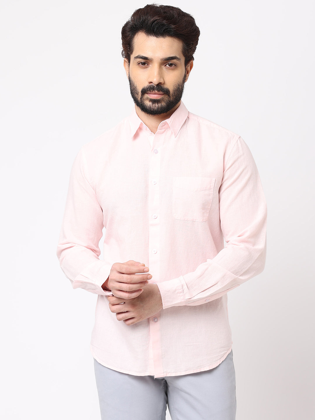 Men's Linen Cotton Pink Regular Fit Shirt